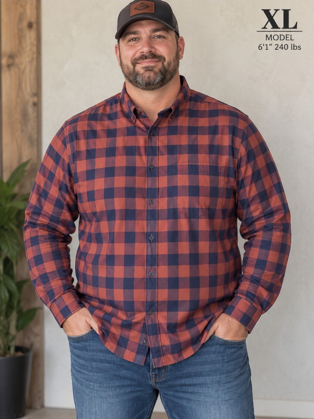 Eddie Bauer Button-Down Long Sleeve Plaid Shirt - Rust & Navy
